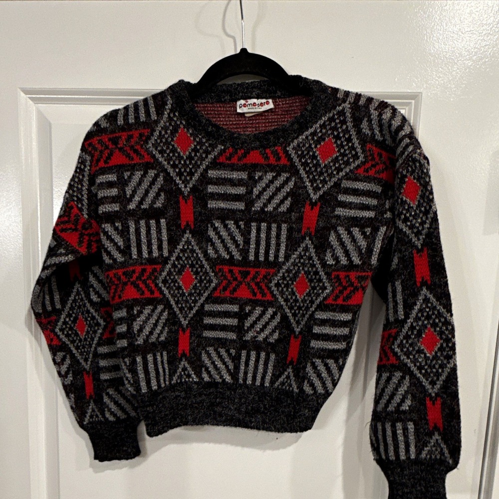 Vintage Pomodoro Sweater Made in Italy Geometric Grandpa Knit Red Black Gray MED